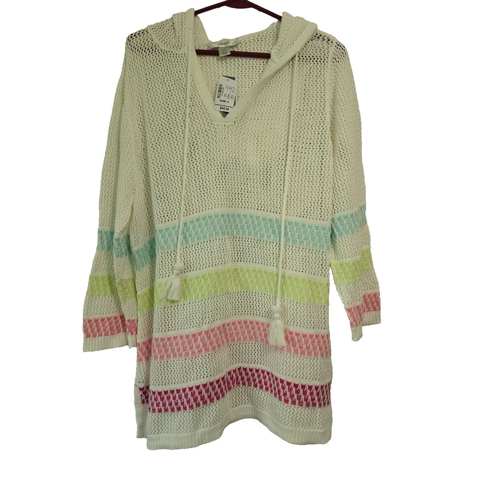 Cj Banks Size 1X White Crochet Knit Tunic Sweater  Hood V-Neck Boho Cover Up NWT